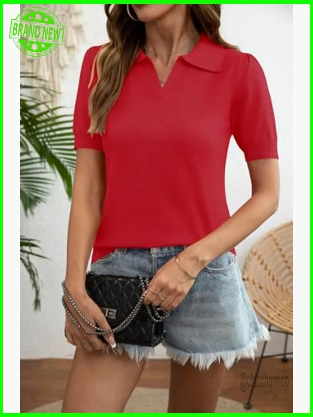 Short Sleeve V-Neck Polo Sweater Pullover Lightweight Ribbed Knit Top